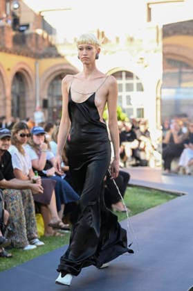 September 16, 2026, Madrid, Spain: A model parades with Acromatyx design during the Mercedes Benz Fashion Week Madrid at Cibeles Palace in Madrid. Madrid Spain  - ZUMAs197 20260916_aaa_s197_344 Copyright: xAtilanoxGarciax