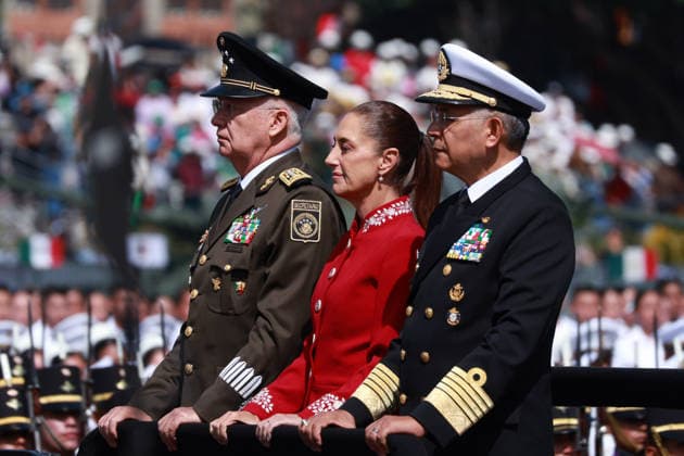 Military Parade Held to Mark Mexico s Independence in Mexico City MEXICO CITY, MEXICO - SEPTEMBER 16: Secretary of Defense Ricardo Trevilla (L) Mexican President Claudia Sheinbaum (C) and Navy Secretary Raymundo Morales (R) review the troops ahead of a military parade marking the 216th anniversary of Mexico s Independence, at the Zocalo square, in Mexico City, Mexico on September 16, 2026. Daniel Cardenas Anadolu Mexico City Mexico. Editorial use only. Please get in touch for any other usage.  Copyright: x2026xAnadoluxDanielxCardenasx