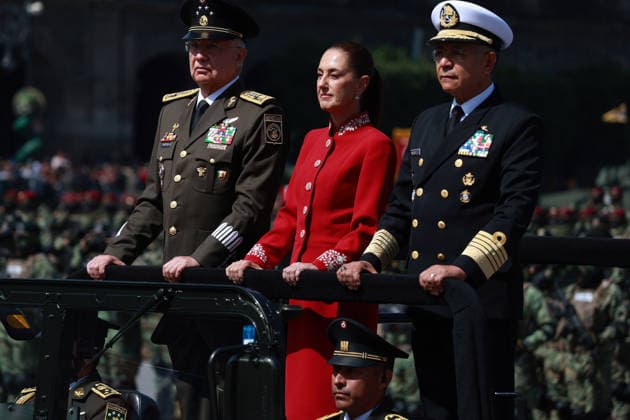 Military Parade Held to Mark Mexico s Independence in Mexico City MEXICO CITY, MEXICO - SEPTEMBER 16: Secretary of Defense Ricardo Trevilla (L) Mexican President Claudia Sheinbaum (C) and Navy Secretary Raymundo Morales (R) review the troops ahead of a military parade marking the 216th anniversary of Mexico s Independence, at the Zocalo square, in Mexico City, Mexico on September 16, 2026. Daniel Cardenas Anadolu Mexico City Mexico. Editorial use only. Please get in touch for any other usage.  Copyright: x2026xAnadoluxDanielxCardenasx