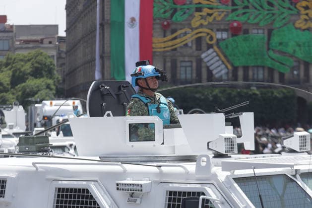 September 16, 2026, Mexico City, Mexico: Mexican President CLAUDIA SHEINBAUM PARDO led the Civic-Military Parade marking the 216th anniversary of the beginning of Mexicos Independence, which started at the Zocalo and traveled along Paseo de la Reforma to Campo Marte in Mexico City. The Armed Forces displayed military equipment and technology, including tactical drones and the Xolotl robot, designed to handle situations involving explosive devices. She was accompanied by Defense Secretary GENERAL RICARDO TREVILLA TREJO and Navy Secretary Admiral RAYMUNDO PEDRO MORALES ANGELES. Mexico City Mexico  - ZUMAl178 20260916_znp_l178_001 Copyright: xCristianxLeyvax