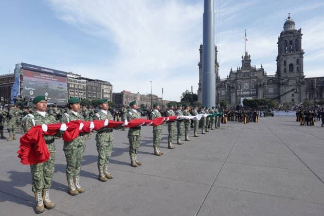 September 16, 2026, Mexico City, Mexico: Mexican President CLAUDIA SHEINBAUM PARDO led the Civic-Military Parade marking the 216th anniversary of the beginning of Mexicos Independence, which started at the Zocalo and traveled along Paseo de la Reforma to Campo Marte in Mexico City. The Armed Forces displayed military equipment and technology, including tactical drones and the Xolotl robot, designed to handle situations involving explosive devices. She was accompanied by Defense Secretary GENERAL RICARDO TREVILLA TREJO and Navy Secretary Admiral RAYMUNDO PEDRO MORALES ANGELES. Mexico City Mexico  - ZUMAl178 20260916_znp_l178_022 Copyright: xCristianxLeyvax