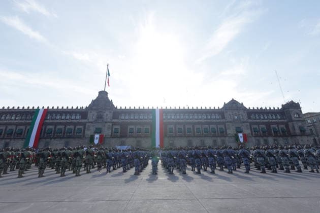September 16, 2026, Mexico City, Mexico: Mexican President CLAUDIA SHEINBAUM PARDO led the Civic-Military Parade marking the 216th anniversary of the beginning of Mexicos Independence, which started at the Zocalo and traveled along Paseo de la Reforma to Campo Marte in Mexico City. The Armed Forces displayed military equipment and technology, including tactical drones and the Xolotl robot, designed to handle situations involving explosive devices. She was accompanied by Defense Secretary GENERAL RICARDO TREVILLA TREJO and Navy Secretary Admiral RAYMUNDO PEDRO MORALES ANGELES. Mexico City Mexico  - ZUMAl178 20260916_znp_l178_029 Copyright: xCristianxLeyvax