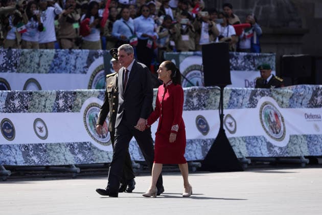 September 16, 2026, Mexico City, Mexico: Mexican President CLAUDIA SHEINBAUM PARDO led the Civic-Military Parade marking the 216th anniversary of the beginning of Mexicos Independence, which started at the Zocalo and traveled along Paseo de la Reforma to Campo Marte in Mexico City. The Armed Forces displayed military equipment and technology, including tactical drones and the Xolotl robot, designed to handle situations involving explosive devices. She was accompanied by Defense Secretary GENERAL RICARDO TREVILLA TREJO and Navy Secretary Admiral RAYMUNDO PEDRO MORALES ANGELES. Mexico City Mexico  - ZUMAl178 20260916_znp_l178_050 Copyright: xCristianxLeyvax