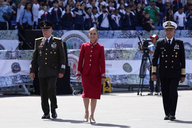 September 16, 2026, Mexico City, Mexico: Mexican President CLAUDIA SHEINBAUM PARDO led the Civic-Military Parade marking the 216th anniversary of the beginning of Mexicos Independence, which started at the Zocalo and traveled along Paseo de la Reforma to Campo Marte in Mexico City. The Armed Forces displayed military equipment and technology, including tactical drones and the Xolotl robot, designed to handle situations involving explosive devices. She was accompanied by Defense Secretary GENERAL RICARDO TREVILLA TREJO and Navy Secretary Admiral RAYMUNDO PEDRO MORALES ANGELES. Mexico City Mexico  - ZUMAl178 20260916_znp_l178_051 Copyright: xCristianxLeyvax