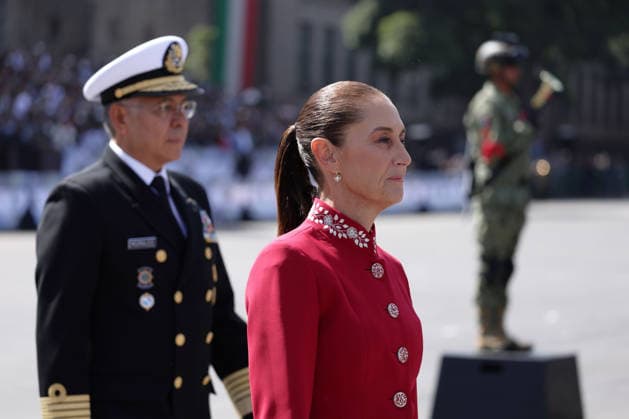 September 16, 2026, Mexico City, Mexico: Mexican President CLAUDIA SHEINBAUM PARDO led the Civic-Military Parade marking the 216th anniversary of the beginning of Mexicos Independence, which started at the Zocalo and traveled along Paseo de la Reforma to Campo Marte in Mexico City. The Armed Forces displayed military equipment and technology, including tactical drones and the Xolotl robot, designed to handle situations involving explosive devices. She was accompanied by Defense Secretary GENERAL RICARDO TREVILLA TREJO and Navy Secretary Admiral RAYMUNDO PEDRO MORALES ANGELES. Mexico City Mexico  - ZUMAl178 20260916_znp_l178_054 Copyright: xCristianxLeyvax