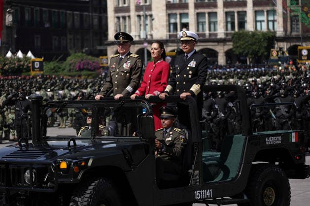 September 16, 2026, Mexico City, Mexico: Mexican President CLAUDIA SHEINBAUM PARDO led the Civic-Military Parade marking the 216th anniversary of the beginning of Mexicos Independence, which started at the Zocalo and traveled along Paseo de la Reforma to Campo Marte in Mexico City. The Armed Forces displayed military equipment and technology, including tactical drones and the Xolotl robot, designed to handle situations involving explosive devices. She was accompanied by Defense Secretary GENERAL RICARDO TREVILLA TREJO and Navy Secretary Admiral RAYMUNDO PEDRO MORALES ANGELES. Mexico City Mexico  - ZUMAl178 20260916_znp_l178_066 Copyright: xCristianxLeyvax
