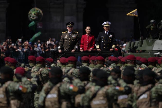 September 16, 2026, Mexico City, Mexico: Mexican President CLAUDIA SHEINBAUM PARDO led the Civic-Military Parade marking the 216th anniversary of the beginning of Mexicos Independence, which started at the Zocalo and traveled along Paseo de la Reforma to Campo Marte in Mexico City. The Armed Forces displayed military equipment and technology, including tactical drones and the Xolotl robot, designed to handle situations involving explosive devices. She was accompanied by Defense Secretary GENERAL RICARDO TREVILLA TREJO and Navy Secretary Admiral RAYMUNDO PEDRO MORALES ANGELES. Mexico City Mexico  - ZUMAl178 20260916_znp_l178_070 Copyright: xCristianxLeyvax