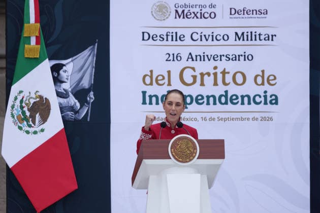 September 16, 2026, Mexico City, Mexico: Mexican President CLAUDIA SHEINBAUM PARDO led the Civic-Military Parade marking the 216th anniversary of the beginning of Mexicos Independence, which started at the Zocalo and traveled along Paseo de la Reforma to Campo Marte in Mexico City. The Armed Forces displayed military equipment and technology, including tactical drones and the Xolotl robot, designed to handle situations involving explosive devices. She was accompanied by Defense Secretary General RICARDO TREVILLA TREJO and Navy Secretary Admiral RAYMUNDO PEDRO MORALES ANGELES. Mexico City Mexico  - ZUMAl178 20260916_znp_l178_077 Copyright: xCristianxLeyvax