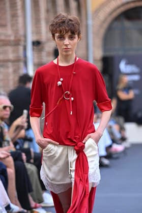 September 16, 2026, Madrid, Spain: A model parades with MoisÃ s Nieto design during Mercedes Benz Fashion Week Madrid Cibeles Palace. Madrid Spain  - ZUMAs197 20260916_aaa_s197_501 Copyright: xAtilanoxGarciax
