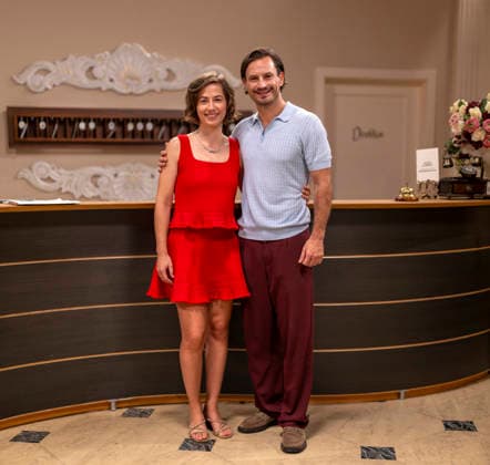 September 16, 2026, ARD telenovela *STURM DER LIEBE* (Storm of Love), photo shoot for Season 23 on the film set in Munich, at Bavaria Film in Geiselgasteig, in the studio set of the fictional Fürstenhof Hotel. The new season premieres on November 4, 2026. From left: actress Pippa Fee