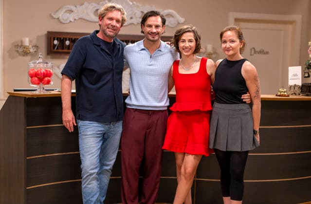 September 16, 2026, ARD telenovela *STURM DER LIEBE* (Storm of Love), photo shoot for Season 23 on the film set in Munich, at Bavaria Film in Geiselgasteig, in the studio set of the fictional Hotel Fürstenhof; from left: Producer Peter Proske Clayton, actor Jaime Ferki