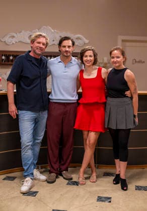 September 16, 2026, ARD telenovela *STURM DER LIEBE* (Storm of Love), photo shoot for Season 23 on the film set in Munich, at Bavaria Film in Geiselgasteig, in the studio set of the fictional Hotel Fürstenhof; from left: Producer Peter Proske Clayton, actor Jaime Ferki