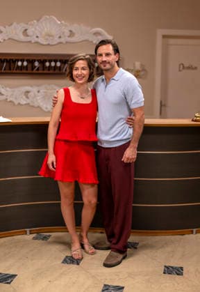 September 16, 2026, ARD telenovela *STURM DER LIEBE* (Storm of Love), photo shoot for Season 23 on the film set in Munich, at Bavaria Film in Geiselgasteig, in the studio set of the fictional Hotel Fürstenhof. The new season premieres on November 4, 2026. From left: Actress Pippa Fee