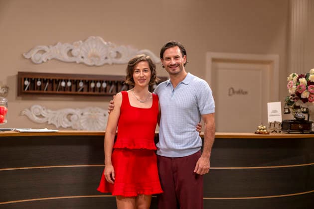 September 16, 2026, ARD telenovela *STURM DER LIEBE* (Storm of Love), photo shoot for Season 23 on the film set in Munich, at Bavaria Film in Geiselgasteig, in the studio set of the fictional Hotel Fürstenhof. The new season premieres on November 4, 2026. From left: Actress Pippa Fee