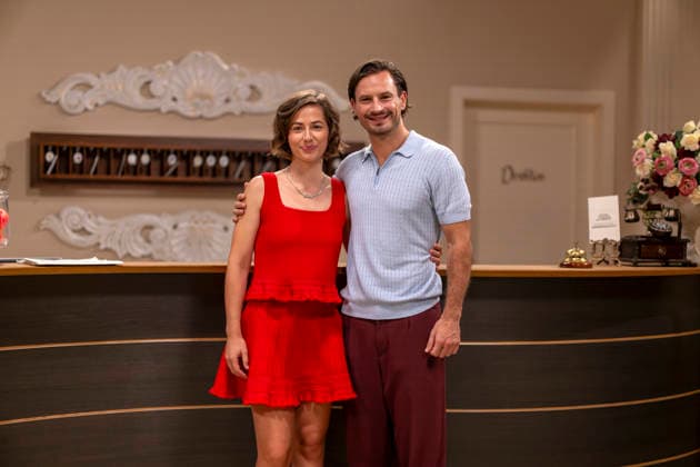 September 16, 2026, ARD telenovela *STURM DER LIEBE* (Storm of Love), photo shoot for Season 23 on the film set in Munich, at Bavaria Film in Geiselgasteig, in the studio set of the fictional Hotel Fürstenhof. The new season premieres on November 4, 2026. From left: Actress Pippa Fee