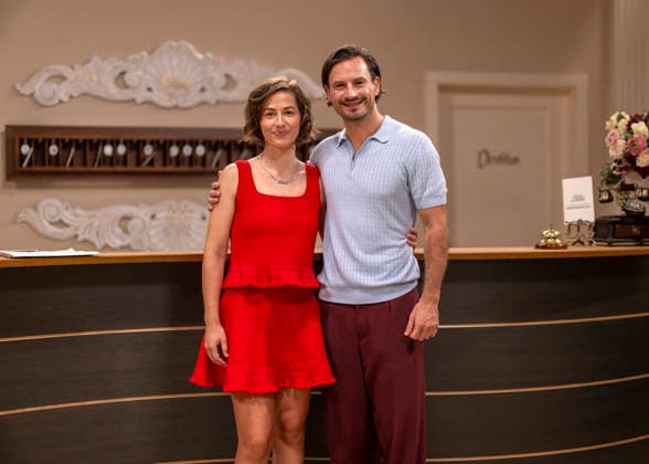 September 16, 2026, ARD telenovela *STURM DER LIEBE* (Storm of Love), photo shoot for Season 23 on the film set in Munich, at Bavaria Film in Geiselgasteig, in the studio set of the fictional Hotel Fürstenhof. The new season premieres on November 4, 2026. From left: Actress Pippa Fee
