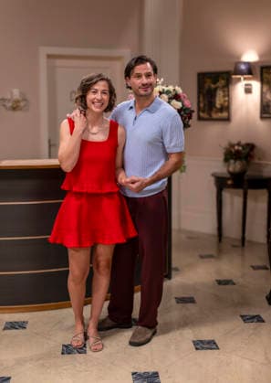 September 16, 2026, ARD telenovela *STURM DER LIEBE* (Storm of Love), photo shoot for Season 23 on the film set in Munich, at Bavaria Film in Geiselgasteig, in the studio set of the fictional Hotel Fürstenhof. The new season premieres on November 4, 2026. From left: Actress Pippa Fee