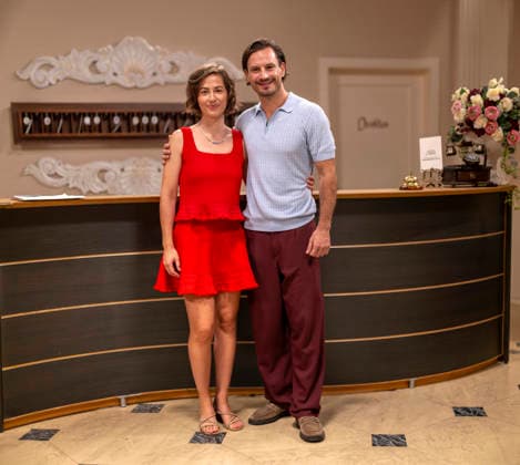 September 16, 2026, ARD telenovela *STURM DER LIEBE* (Storm of Love), photo shoot for Season 23 on the film set in Munich, at Bavaria Film in Geiselgasteig, in the studio set of the fictional Hotel Fürstenhof. The new season premieres on November 4, 2026. From left: Actress Pippa Fee