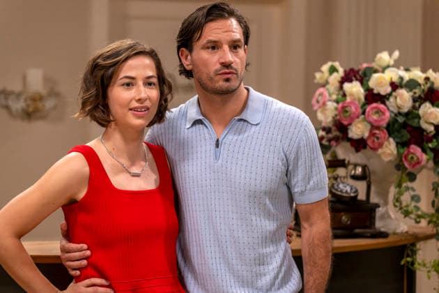 September 16, 2026, ARD telenovela *STURM DER LIEBE*, photo shoot for Season 23 on the film set in Munich, at Bavaria Film in Geiselgasteig, in the studio set of the fictional Hotel Fürstenhof. The new season premieres on November 4, 2026. From left: Actress Pippa Fee Rupperti as Emi