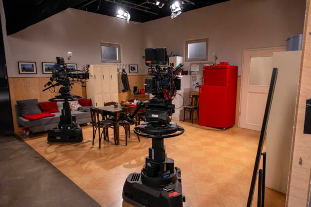 September 16, 2026, ARD telenovela *Sturm der Liebe*, photo shoot for Season 23 on the film set in Munich, at Bavaria Film in Geiselgasteig, in the studio set of the fictional Hotel Fürstenhof; TV cameras in Studio 16, September 2026, ARD series *Sturm der Liebe*, September 16, 2026, ARD series *Sturm der Liebe*