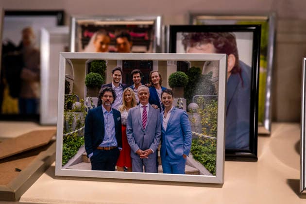 September 16, 2026, ARD telenovela *STURM DER LIEBE*, Photo shoot for Season 23 on the film set in Munich, at Bavaria Film in Geiselgasteig, in the studio set of the fictional Hotel Fürstenhof; actor Dirk Galuba as Senior Manager Saalfeld in a portrait photo by the fireplace with the cast 16 09 2026, ARD series *Sturm der Liebe* September 16, 2026, ARD series *Sturm der Liebe*