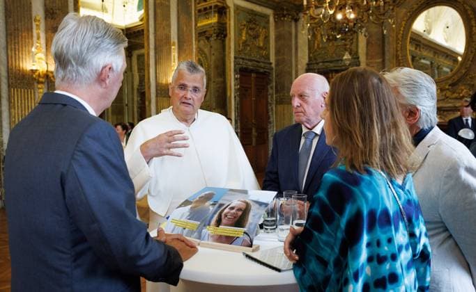 King Philippe - Filip of Belgium; BeHeroes Pater Karel Stautemas and BeHeroes Karine Vanommeslaeghe pictured during a royal audience of the Be Heroes with the King, in Brussels, Thursday 17 September 2026. Be Heroes is an initiative that honors Belgians who selflessly go out of their way to help others. These everyday heroes were nominated by someone close to them via the online BEHEROES platform.  BENOITxDOPPAGNE 186763222