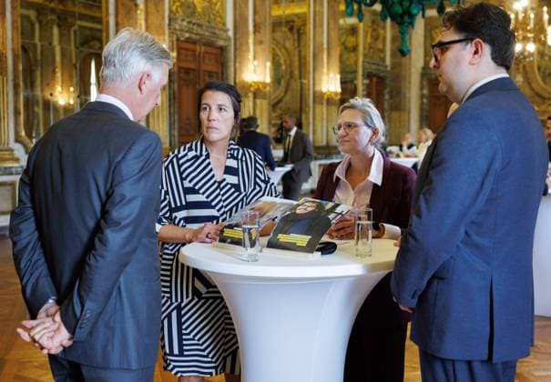 King Philippe - Filip of Belgium; BeHeroes Evelien Maerten and BeHeroes Burak Koylu pictured during a royal audience of the Be Heroes with the King, in Brussels, Thursday 17 September 2026. Be Heroes is an initiative that honors Belgians who selflessly go out of their way to help others. These everyday heroes were nominated by someone close to them via the online BEHEROES platform.  BENOITxDOPPAGNE 186763157
