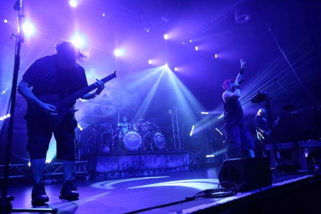 Dino Cazares, Pete Webber, Milo Silvestro, and Tony Campos (from left) of the band Fear Factory at a concert at Huxleys Neue Welt in Berlin, September 17, 2026 Fear Factory Concert Berlin