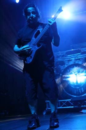 Dino Cazares of the band Fear Factory at a concert at Huxleys Neue Welt in Berlin, September 17, 2026 Fear Factory Concert Berlin
