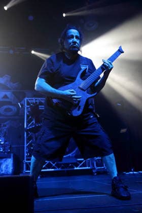 Dino Cazares of the band Fear Factory at a concert at Huxleys Neue Welt in Berlin, September 17, 2026 Fear Factory Concert Berlin