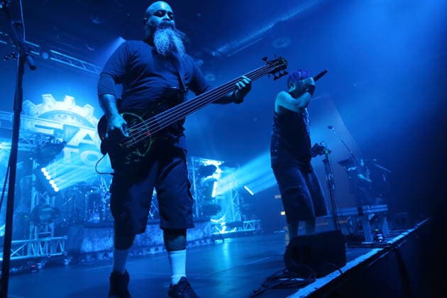 Tony Campos, Milo Silvestro, and Dino Cazares (from left) of the band Fear Factory at a concert at Huxleys Neue Welt in Berlin on September 17, 2026. Fear Factory Concert Berlin
