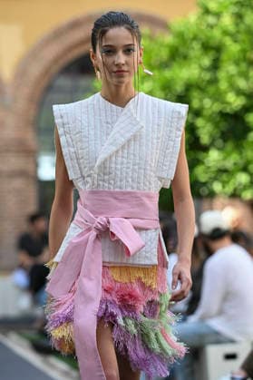September 17, 2026, Madrid, Spain: A model parades with Odette Ãlvarez design during the Mercedes Benz Fashion Week Madrid at Cibeles Palace in Madrid. Madrid Spain  - ZUMAs197 20260917_aaa_s197_193 Copyright: xAtilanoxGarciax