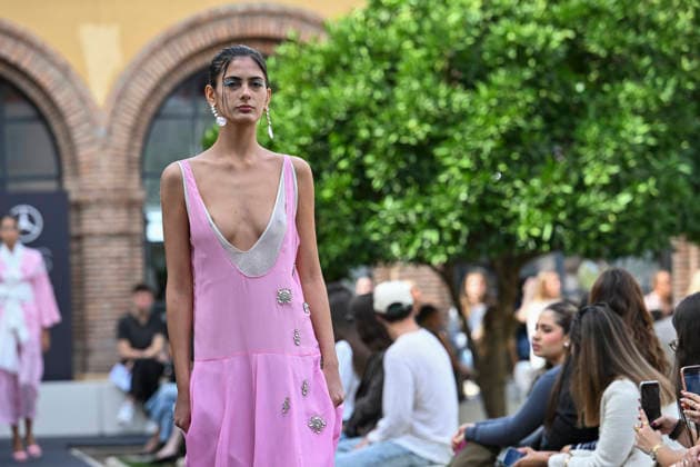 September 17, 2026, Madrid, Spain: A model parades with Odette Ãlvarez design during the Mercedes Benz Fashion Week Madrid at Cibeles Palace in Madrid. Madrid Spain  - ZUMAs197 20260917_aaa_s197_140 Copyright: xAtilanoxGarciax