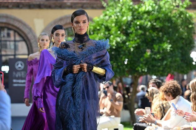 September 17, 2026, Madrid, Spain: A model parades with Malone design during the Mercedes Benz Fashion Week Madrid at Cibeles Palace in Madrid. Madrid Spain  - ZUMAs197 20260917_aaa_s197_203 Copyright: xAtilanoxGarciax