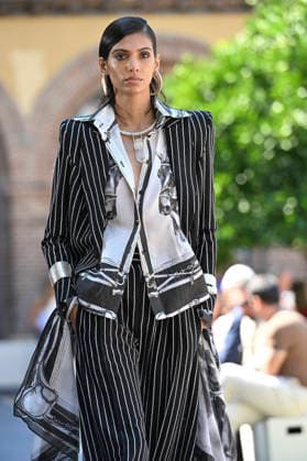 September 17, 2026, Madrid, Spain: A model parades with Malone design during the Mercedes Benz Fashion Week Madrid at Cibeles Palace in Madrid. Madrid Spain  - ZUMAs197 20260917_aaa_s197_242 Copyright: xAtilanoxGarciax