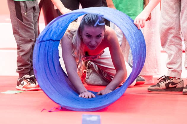 ABB CHILDREN S DAY: Anna Carina Woitschack in the crawl tunnel at the Children s Day event at the Atelier Gardens Berlin on September 17, 2026