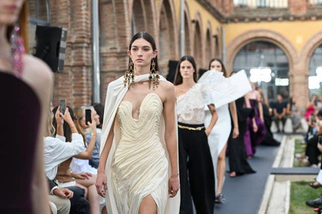 September 17, 2026, Madrid, Spain: A model parades with Isabel Sanchis design during the Mercedes Benz Fashion Week Madrid at Cibeles Palace in Madrid. Madrid Spain  - ZUMAs197 20260917_aaa_s197_262 Copyright: xAtilanoxGarciax