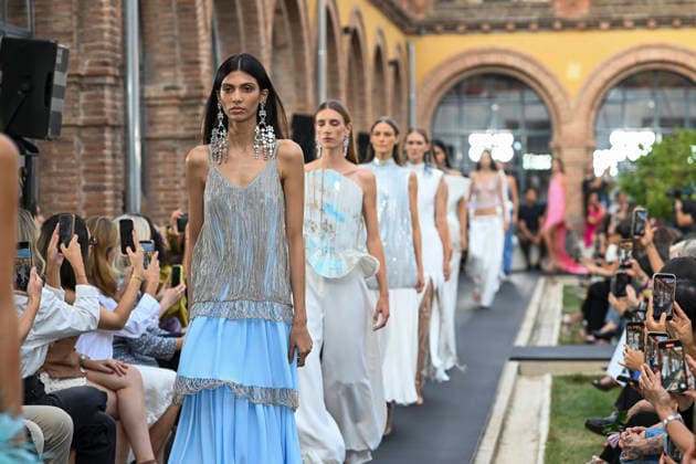 September 17, 2026, Madrid, Spain: A model parades with Isabel Sanchis design during the Mercedes Benz Fashion Week Madrid at Cibeles Palace in Madrid. Madrid Spain  - ZUMAs197 20260917_aaa_s197_275 Copyright: xAtilanoxGarciax