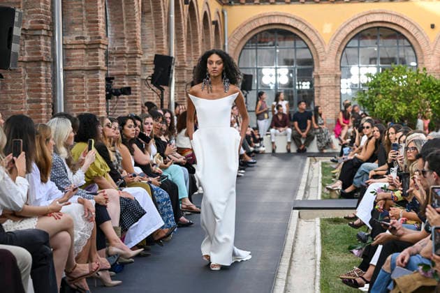 September 17, 2026, Madrid, Spain: A model parades with Isabel Sanchis design during the Mercedes Benz Fashion Week Madrid at Cibeles Palace in Madrid. Madrid Spain  - ZUMAs197 20260917_aaa_s197_280 Copyright: xAtilanoxGarciax
