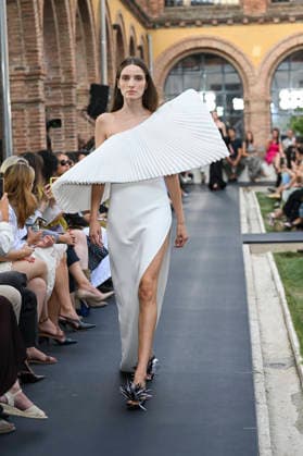 September 17, 2026, Madrid, Spain: A model parades with Isabel Sanchis design during the Mercedes Benz Fashion Week Madrid at Cibeles Palace in Madrid. Madrid Spain  - ZUMAs197 20260917_aaa_s197_298 Copyright: xAtilanoxGarciax