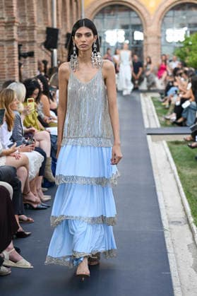 September 17, 2026, Madrid, Spain: A model parades with Isabel Sanchis design during the Mercedes Benz Fashion Week Madrid at Cibeles Palace in Madrid. Madrid Spain  - ZUMAs197 20260917_aaa_s197_300 Copyright: xAtilanoxGarciax