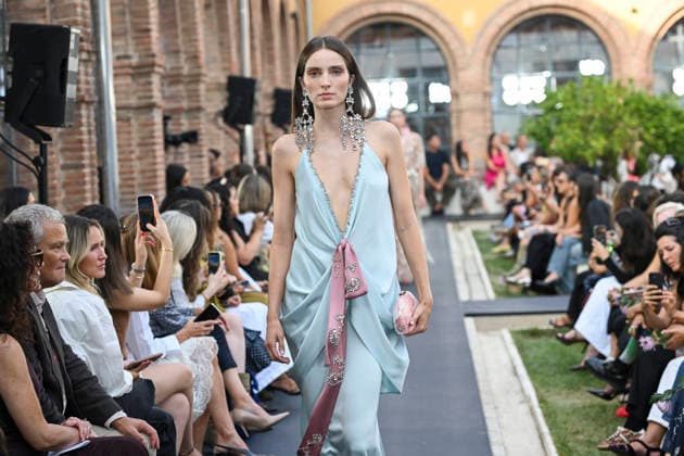September 17, 2026, Madrid, Spain: A model parades with Isabel Sanchis design during the Mercedes Benz Fashion Week Madrid at Cibeles Palace in Madrid. Madrid Spain  - ZUMAs197 20260917_aaa_s197_324 Copyright: xAtilanoxGarciax