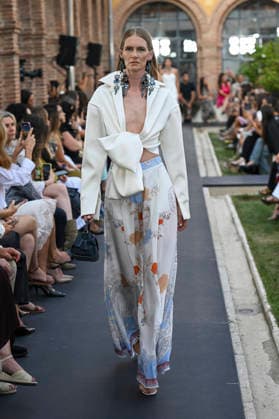 September 17, 2026, Madrid, Spain: A model parades with Isabel Sanchis design during the Mercedes Benz Fashion Week Madrid at Cibeles Palace in Madrid. Madrid Spain  - ZUMAs197 20260917_aaa_s197_322 Copyright: xAtilanoxGarciax