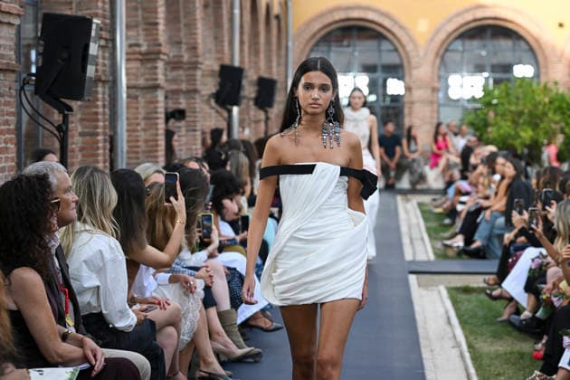 September 17, 2026, Madrid, Spain: A model parades with Isabel Sanchis design during the Mercedes Benz Fashion Week Madrid at Cibeles Palace in Madrid. Madrid Spain  - ZUMAs197 20260917_aaa_s197_330 Copyright: xAtilanoxGarciax