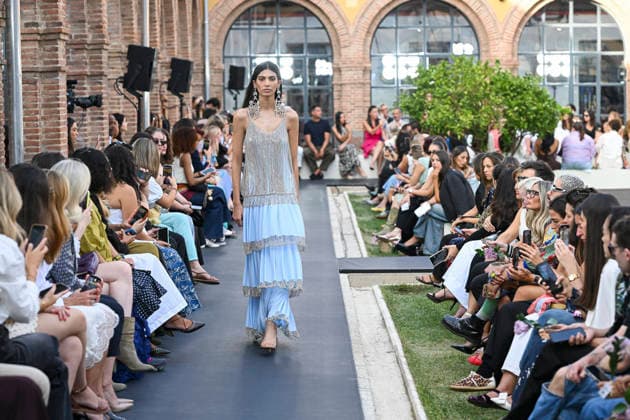 September 17, 2026, Madrid, Spain: A model parades with Isabel Sanchis design during the Mercedes Benz Fashion Week Madrid at Cibeles Palace in Madrid. Madrid Spain  - ZUMAs197 20260917_aaa_s197_336 Copyright: xAtilanoxGarciax