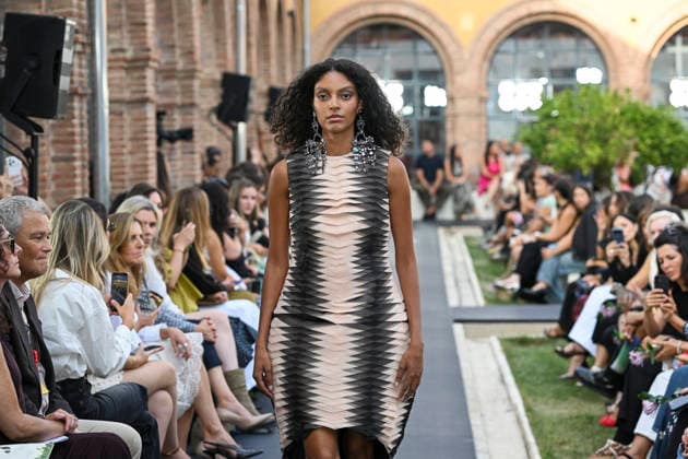 September 17, 2026, Madrid, Spain: A model parades with Isabel Sanchis design during the Mercedes Benz Fashion Week Madrid at Cibeles Palace in Madrid. Madrid Spain  - ZUMAs197 20260917_aaa_s197_341 Copyright: xAtilanoxGarciax