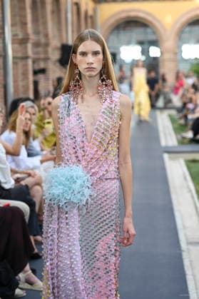 September 17, 2026, Madrid, Spain: A model parades with Isabel Sanchis design during the Mercedes Benz Fashion Week Madrid at Cibeles Palace in Madrid. Madrid Spain  - ZUMAs197 20260917_aaa_s197_346 Copyright: xAtilanoxGarciax