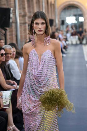 September 17, 2026, Madrid, Spain: A model parades with Isabel Sanchis design during the Mercedes Benz Fashion Week Madrid at Cibeles Palace in Madrid. Madrid Spain  - ZUMAs197 20260917_aaa_s197_348 Copyright: xAtilanoxGarciax