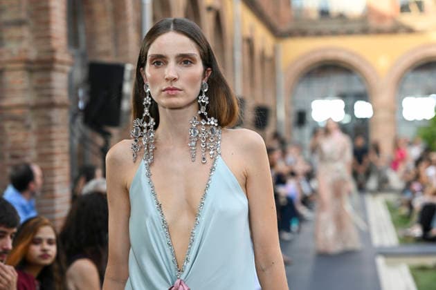 September 17, 2026, Madrid, Spain: A model parades with Isabel Sanchis design during the Mercedes Benz Fashion Week Madrid at Cibeles Palace in Madrid. Madrid Spain  - ZUMAs197 20260917_aaa_s197_354 Copyright: xAtilanoxGarciax