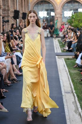 September 17, 2026, Madrid, Spain: A model parades with Isabel Sanchis design during the Mercedes Benz Fashion Week Madrid at Cibeles Palace in Madrid. Madrid Spain  - ZUMAs197 20260917_aaa_s197_355 Copyright: xAtilanoxGarciax
